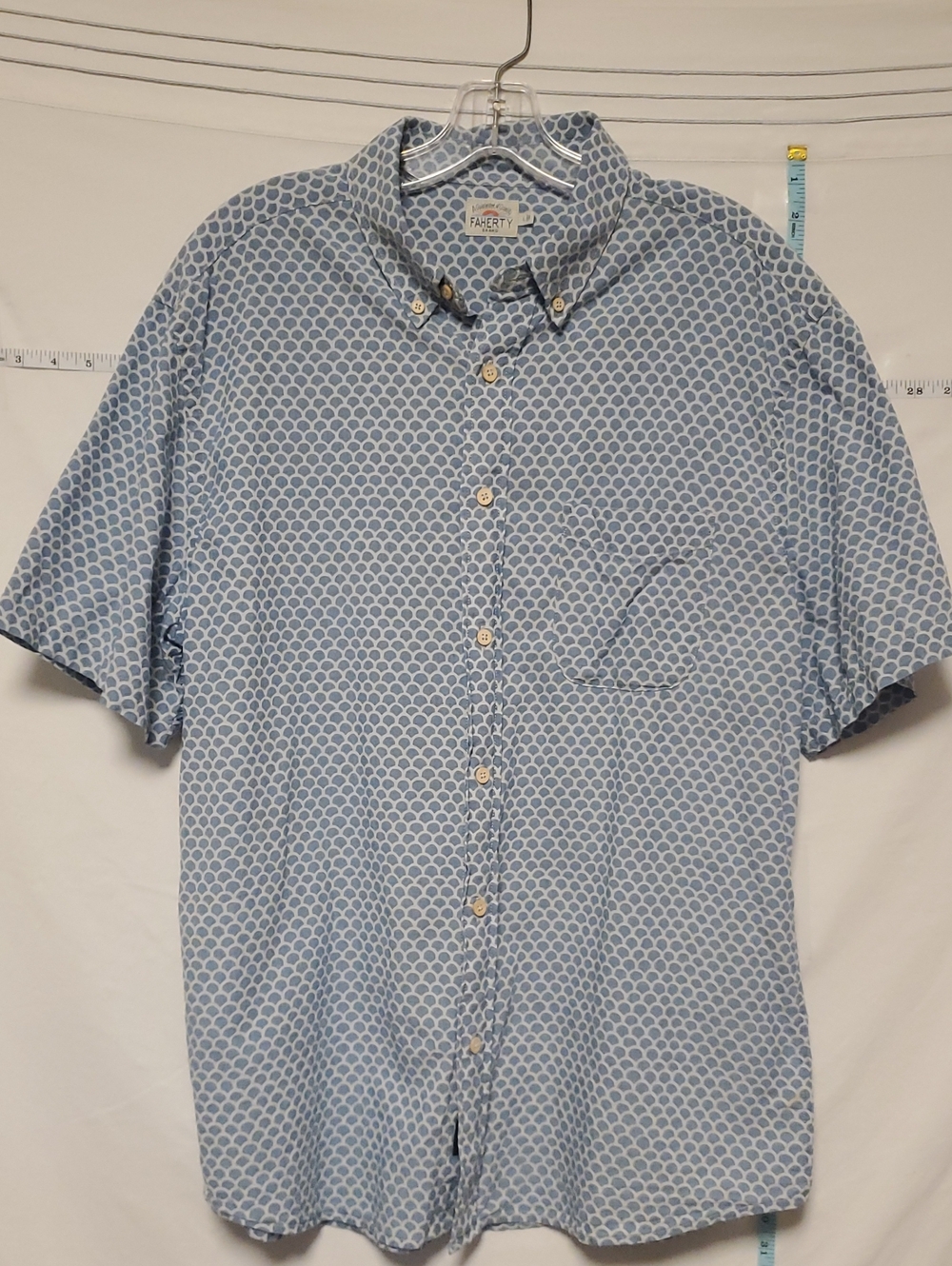 Faherty Mens Stretch Cotton Playa Shirt Blue White Fish Scale Lg Resort Vacation